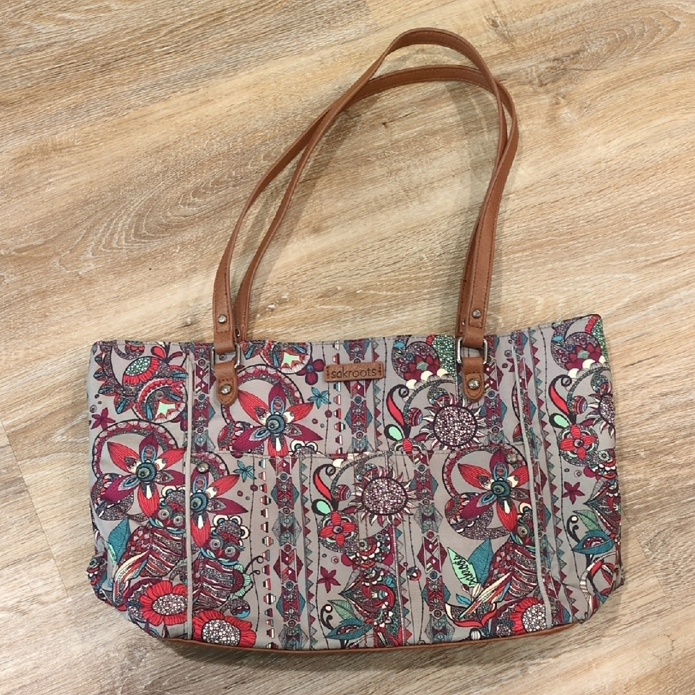 😃👜💐🌺🪻Sakroots Colorful Floral Purse with Tan Straps😃👜💐🌺🪻